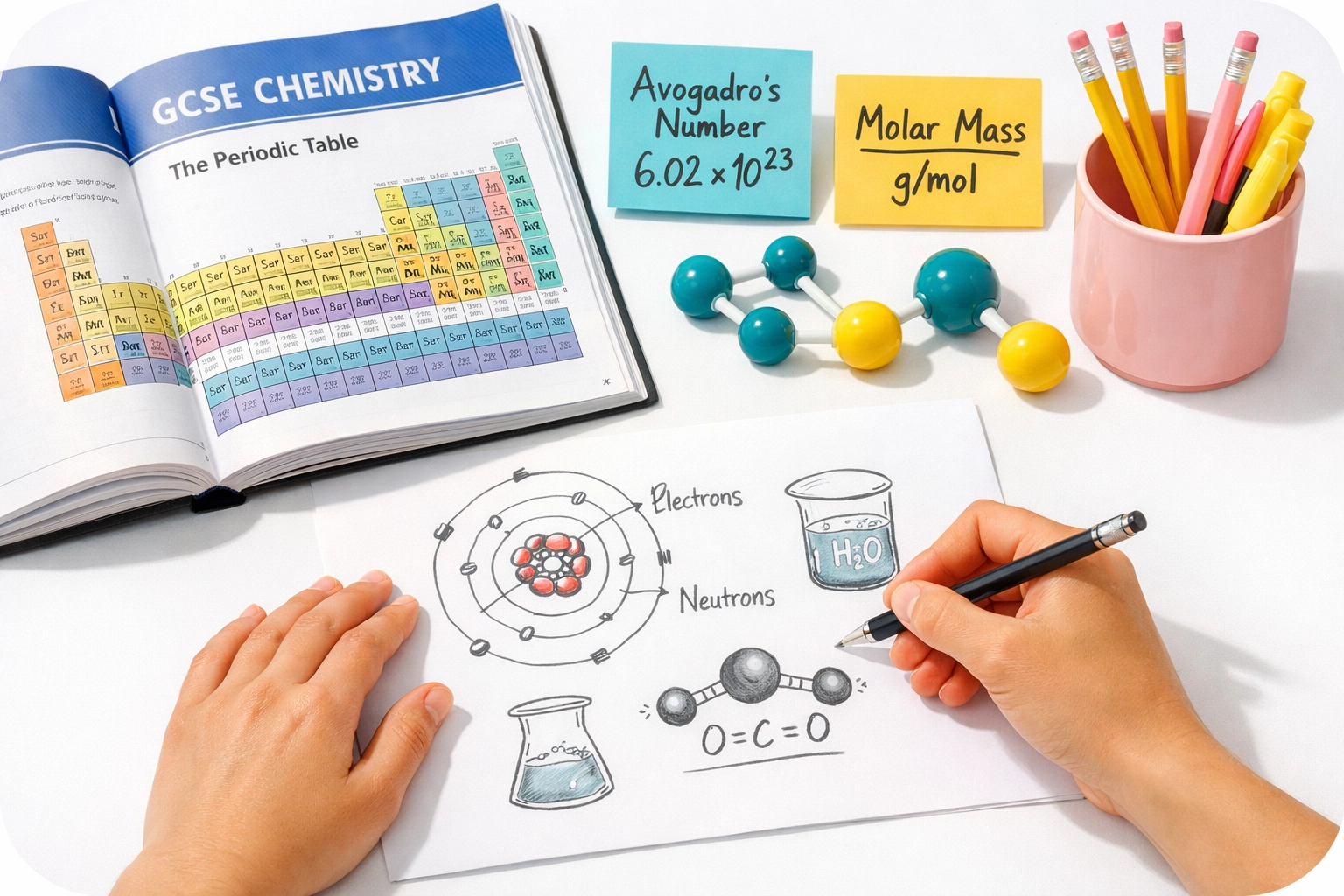 Student studying GCSE Chemistry with periodic table, Avogadro's number notes, and molecular models