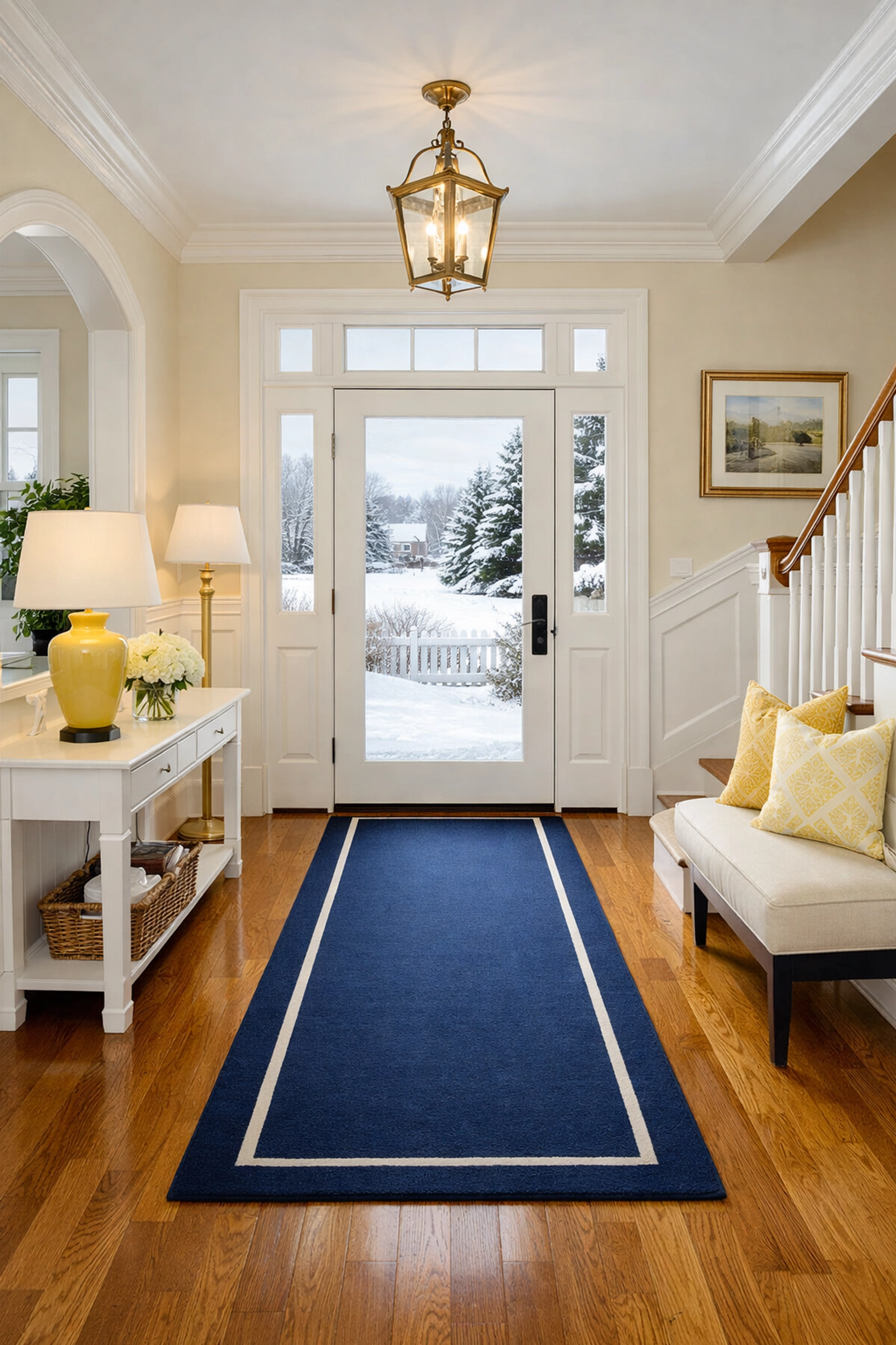 Top rated house cleaners near me maintaining polished hardwood floors in a sunny Massachusetts home foyer during winter.
