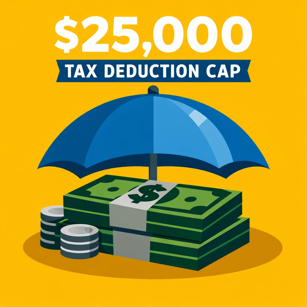 A protective shield over a stack of cash symbolizing the $25,000 tip tax deduction limit for income tax.