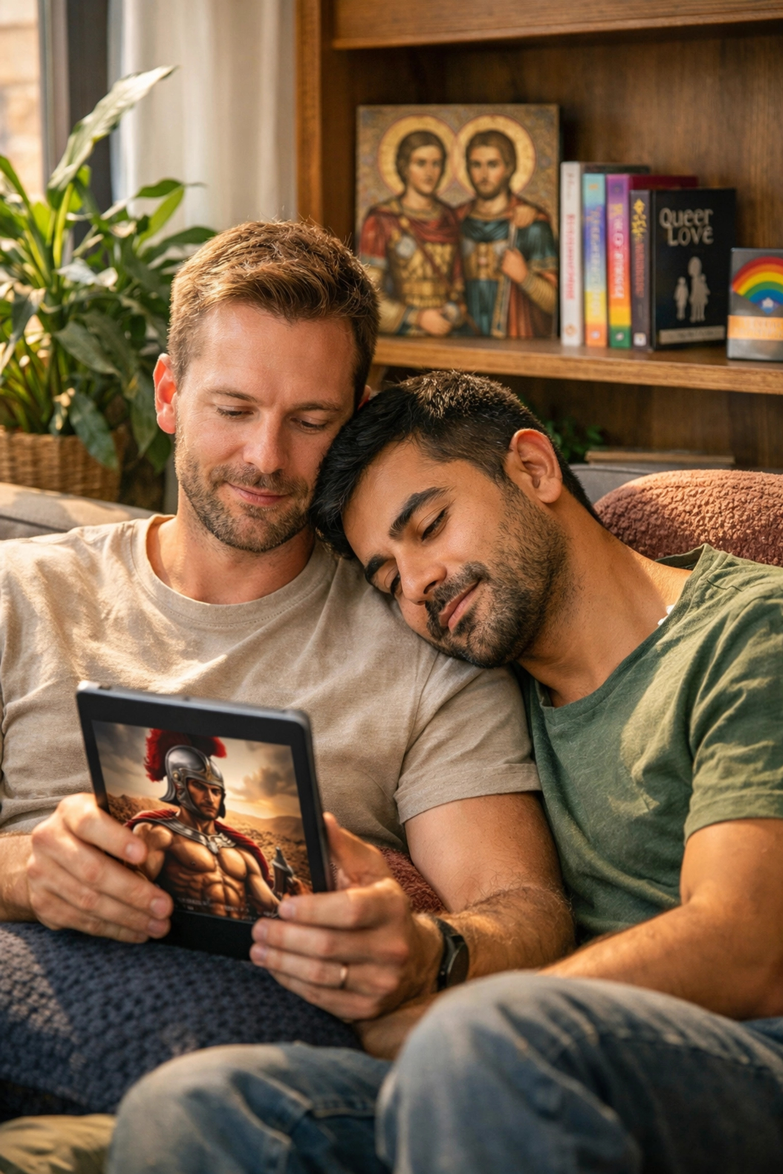 A gay couple reads modern MM romance books together at home, with a historical icon of Sergius and Bacchus behind them.