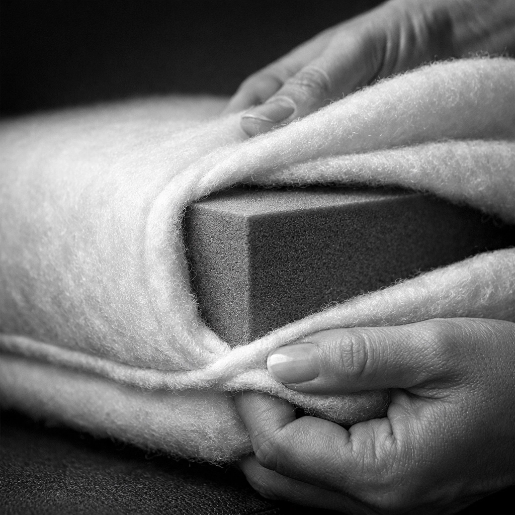 A seat cushion featuring a premium foam core being covered with a soft Dacron wrap layer.