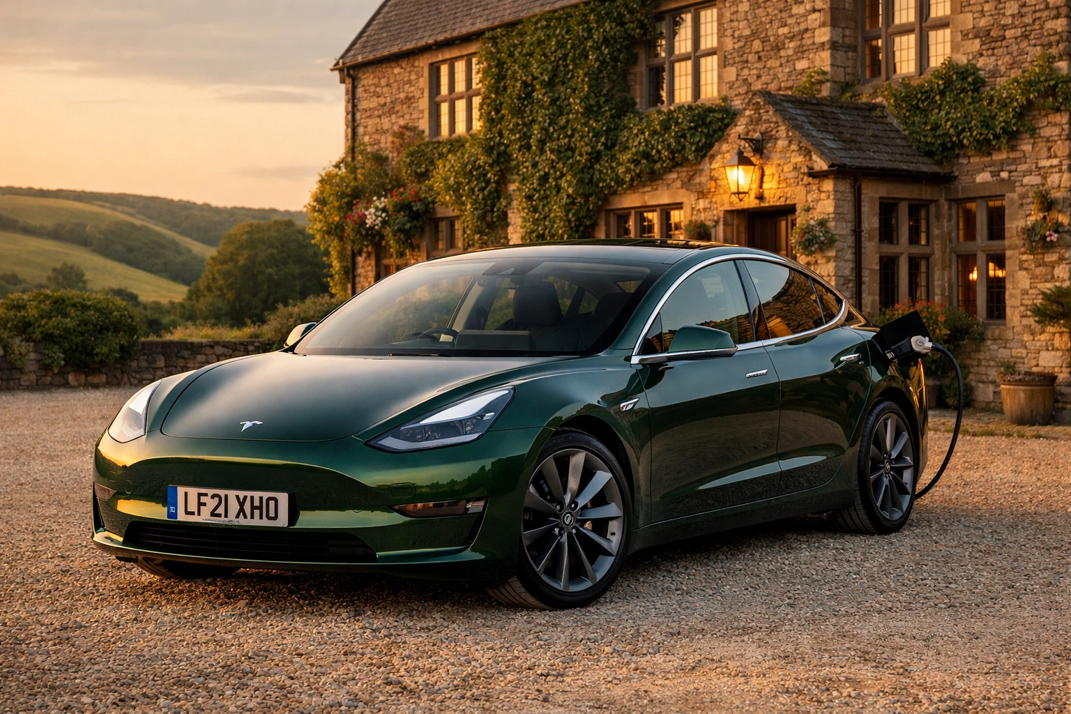 Electric vehicle charging at a Dorset country hotel with charging port open