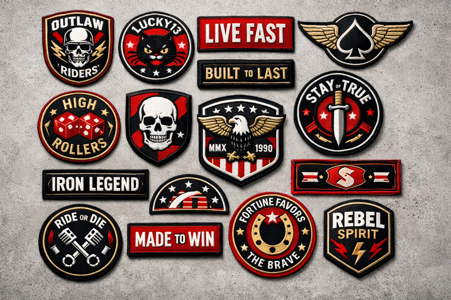 Collection of custom patches in various shapes and colors