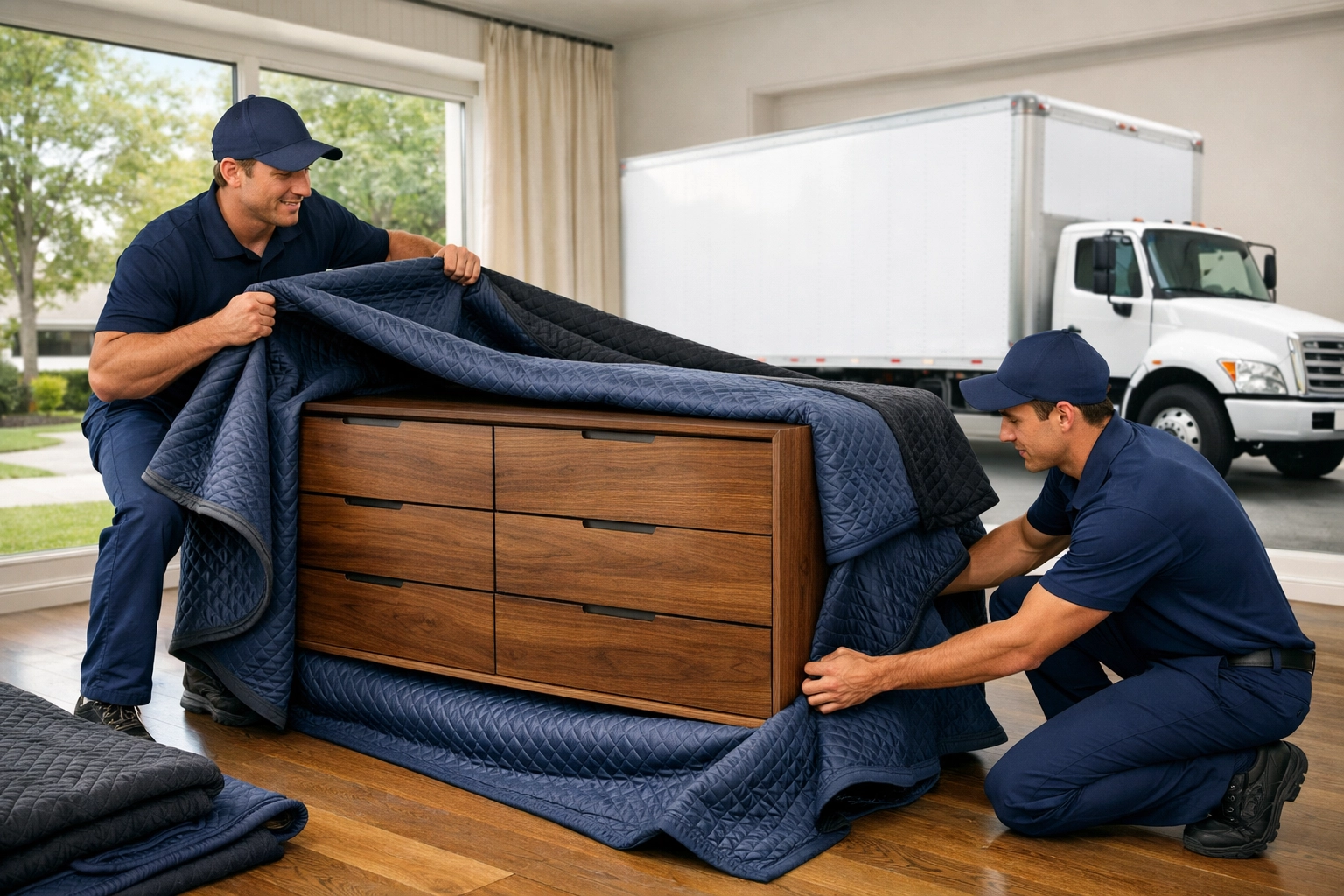 Fully insured movers wrapping high-end furniture with padded blankets to ensure a safe relocation in the GTA.