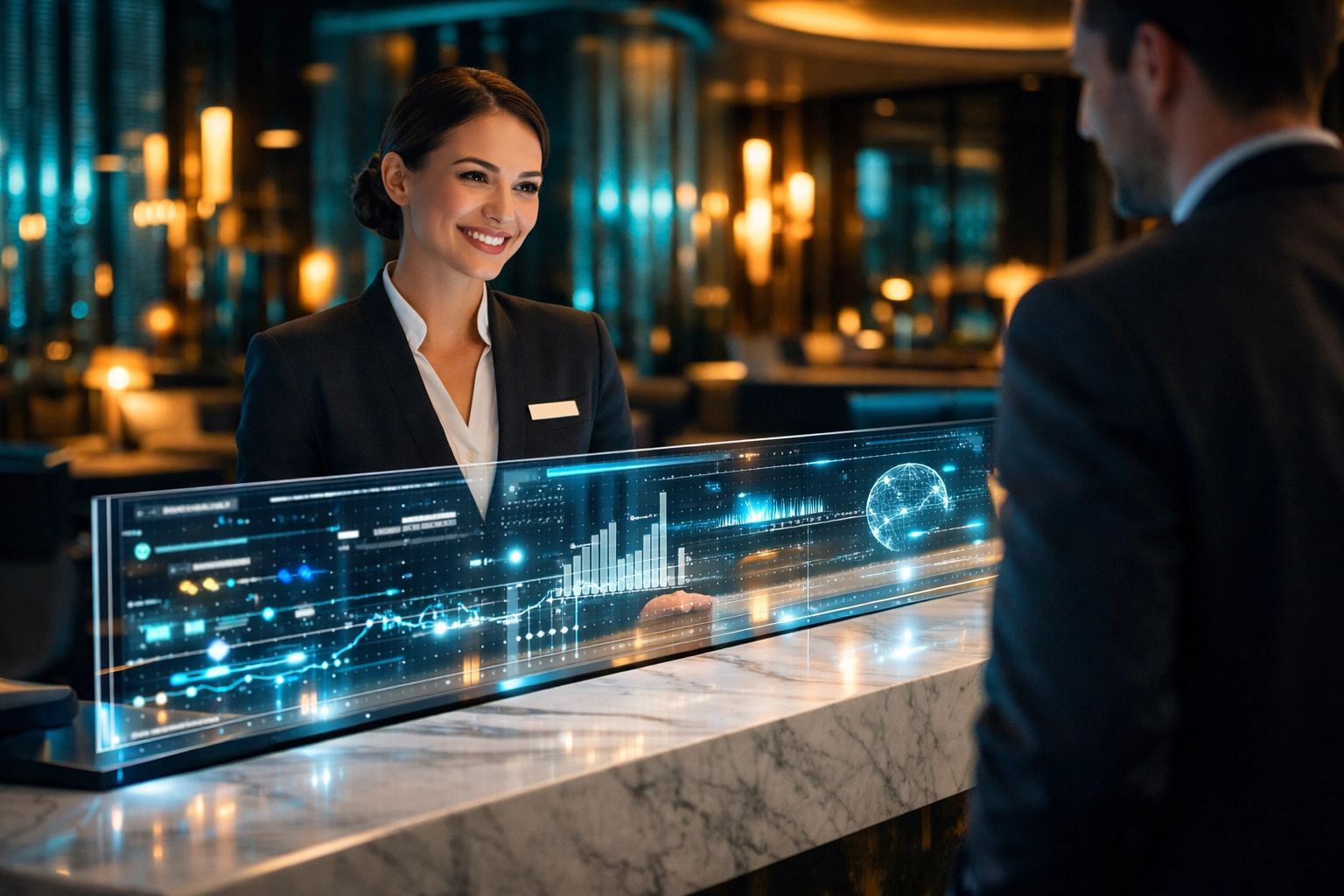 Digitale Gästekommunikation durch KI-Lösungen für Hotels an einer modernen Hotelrezeption.