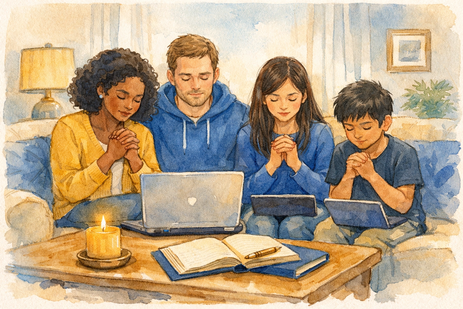 Diverse family praying together at home before online church worship service
