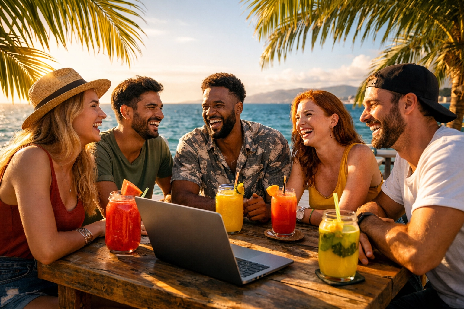 Puerto Vallarta digital nomad community networking at a beachside cafe in the vibrant Old Town neighborhood.