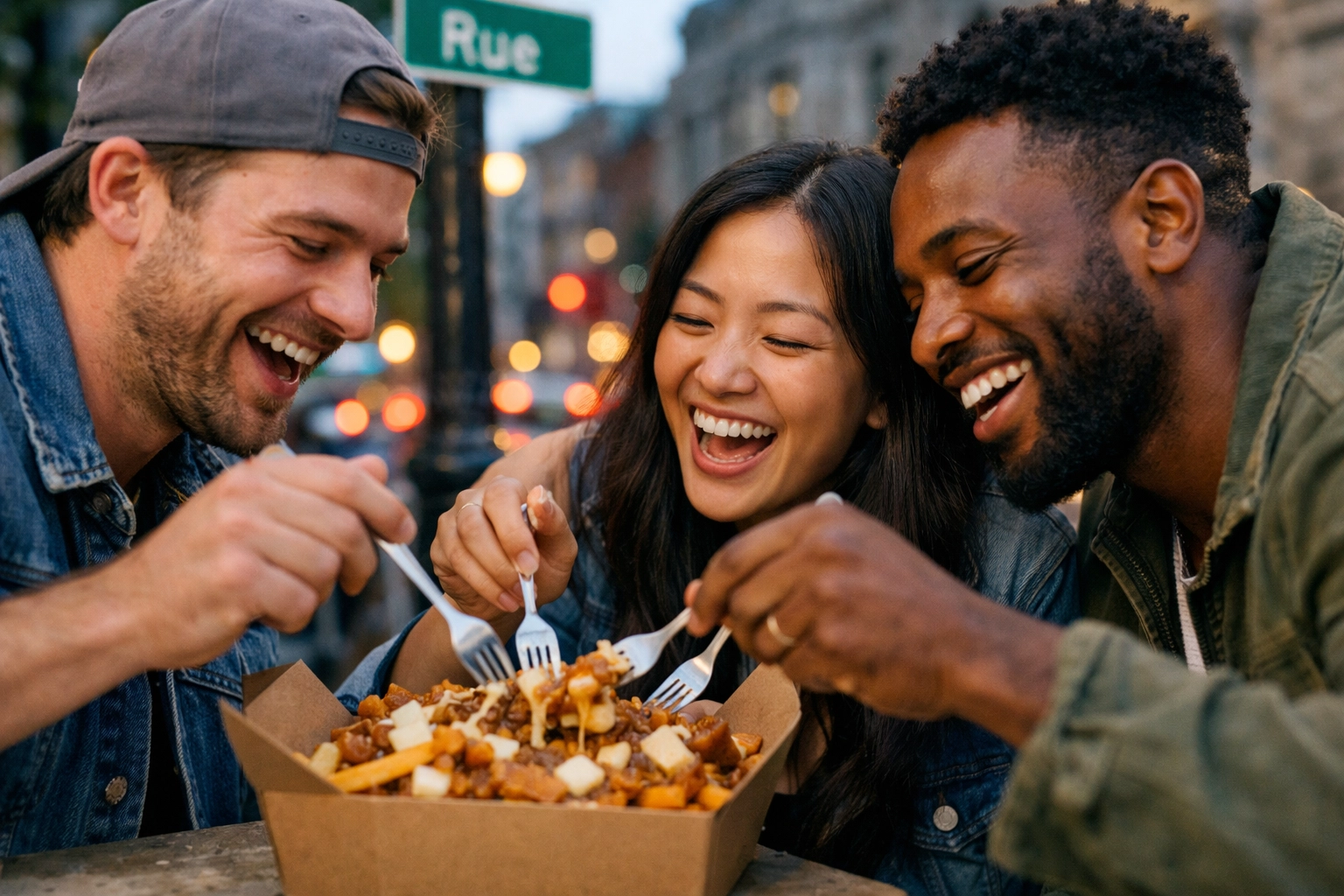 Friends sharing a large poutine at a local Montreal street food spot on a vibrant city evening.