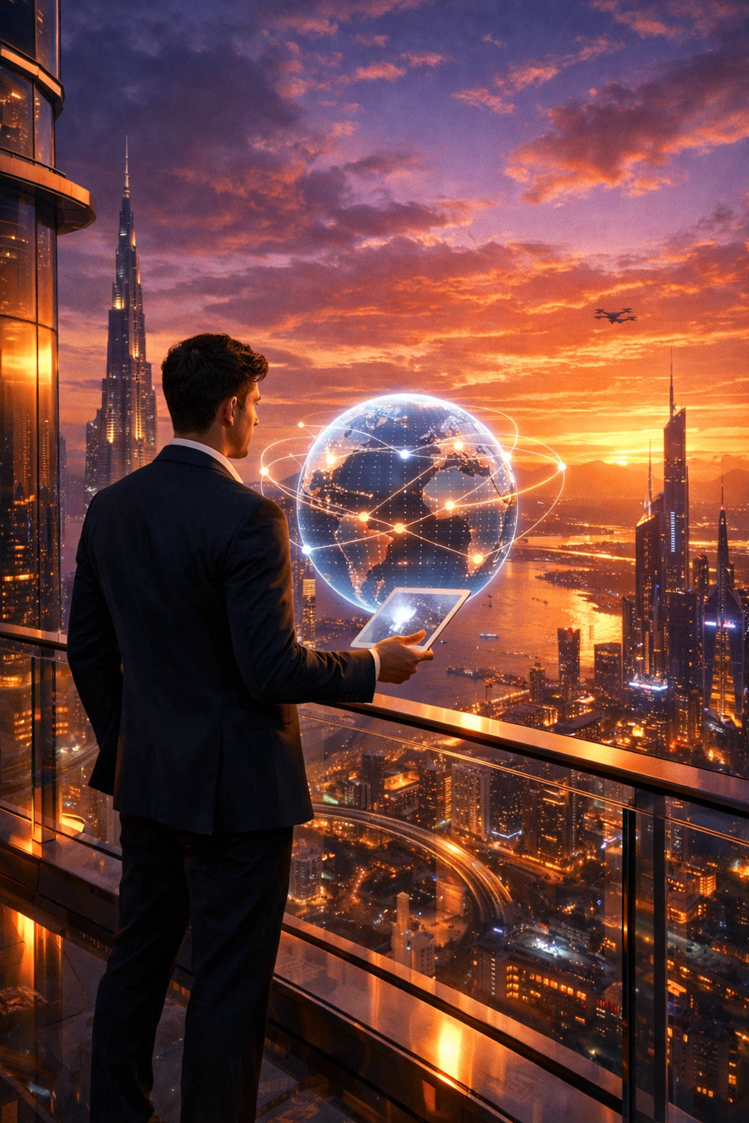 Entrepreneur overlooking a futuristic city with a digital globe representing global reach through Web3 payments.