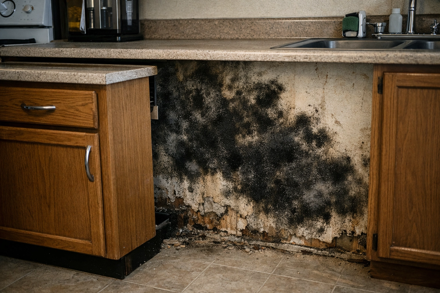 Hidden mold colony on kitchen drywall behind cabinets in a Tuscaloosa home.