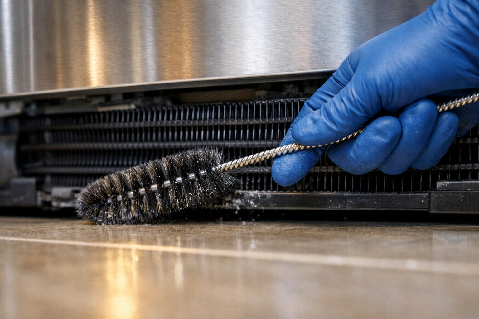 Close-up of a coil brush removing dust and debris from refrigerator condenser coils for better efficiency.