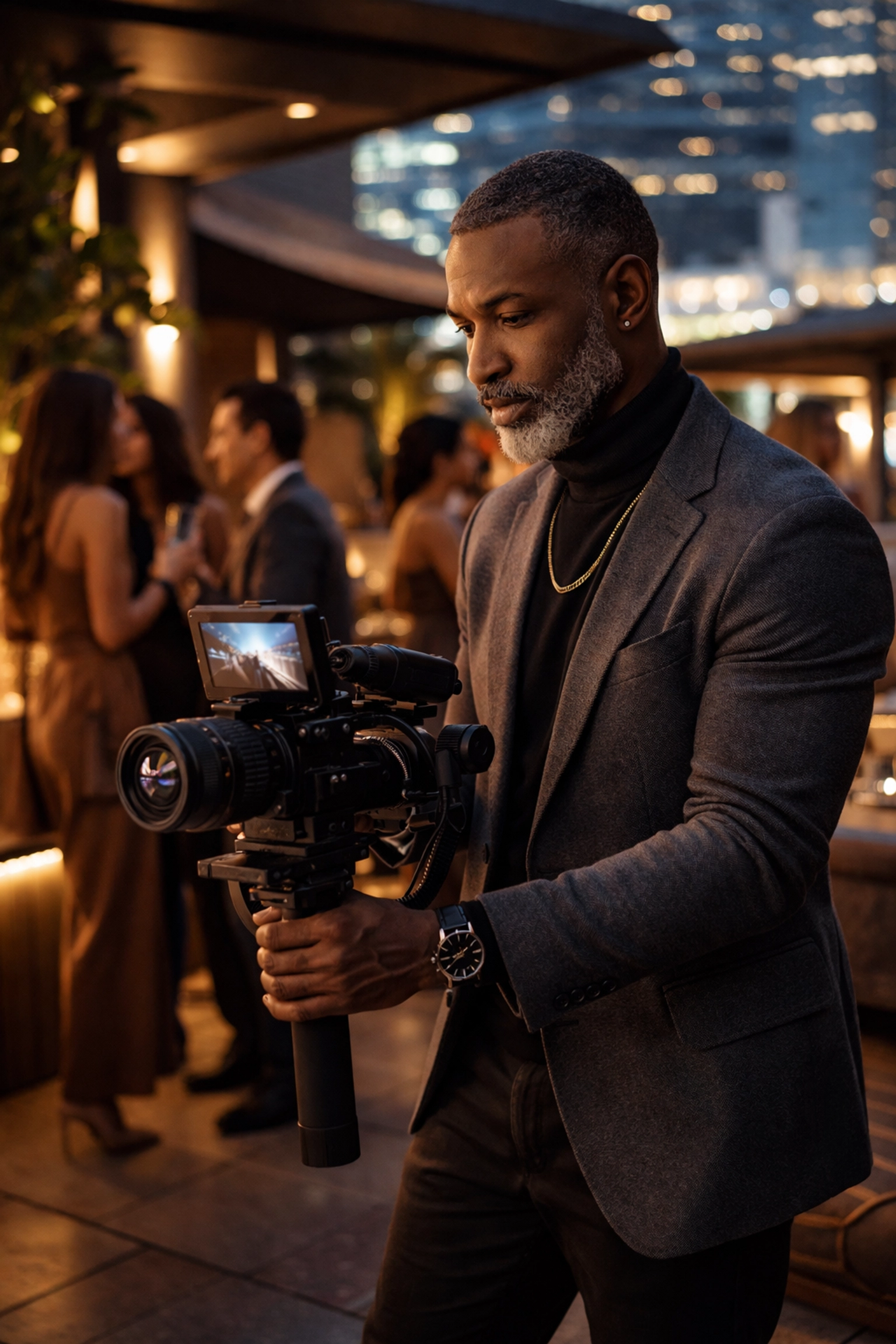 Professional videographer records luxury rooftop event, highlighting cinematic event coverage and upscale ambiance.