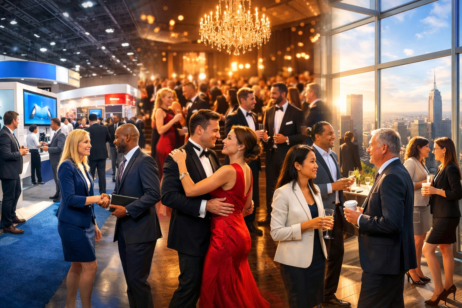 Collage of professional corporate photography services including trade shows and conferences in major USA cities.