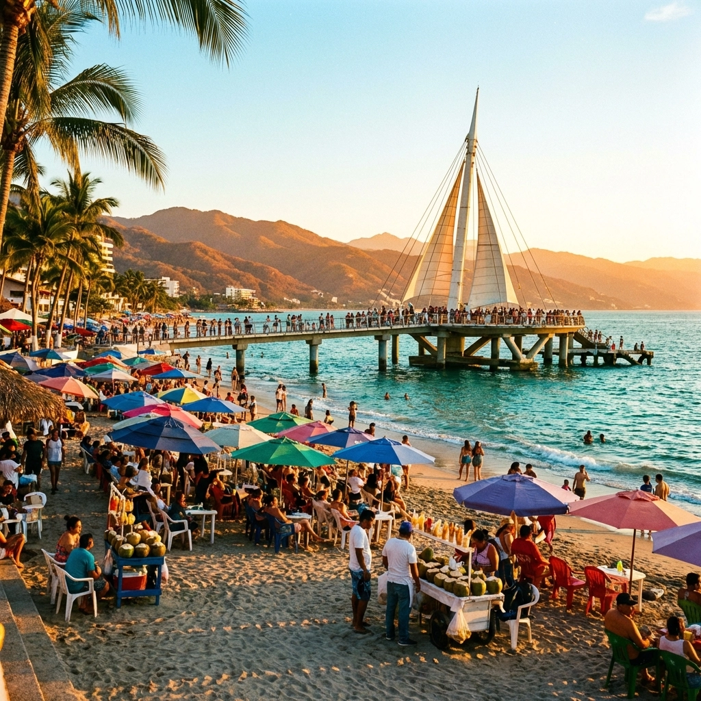 Playa Los Muertos beach in Puerto Vallarta with colorful umbrellas, pier, and tropical mountain view
