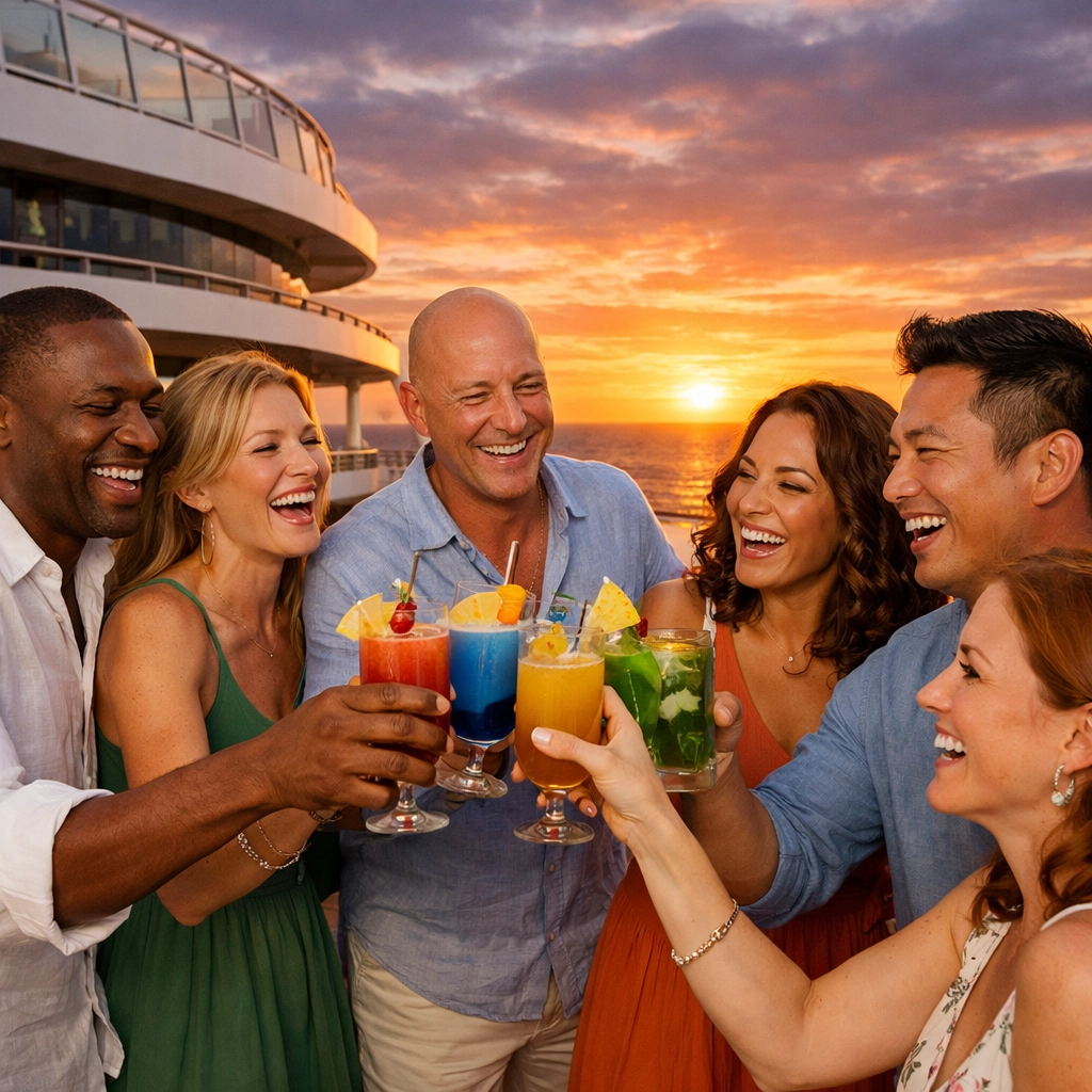 Friends enjoying cocktails at sunset during a group cruise on Navigator of the Seas.