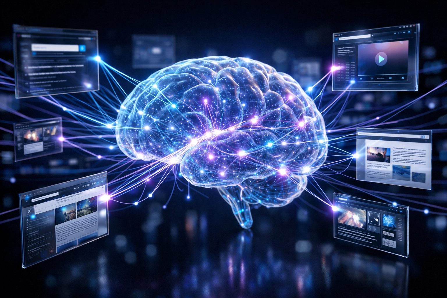AI-powered semantic mapping showing a digital brain connecting webpages for internal linking.