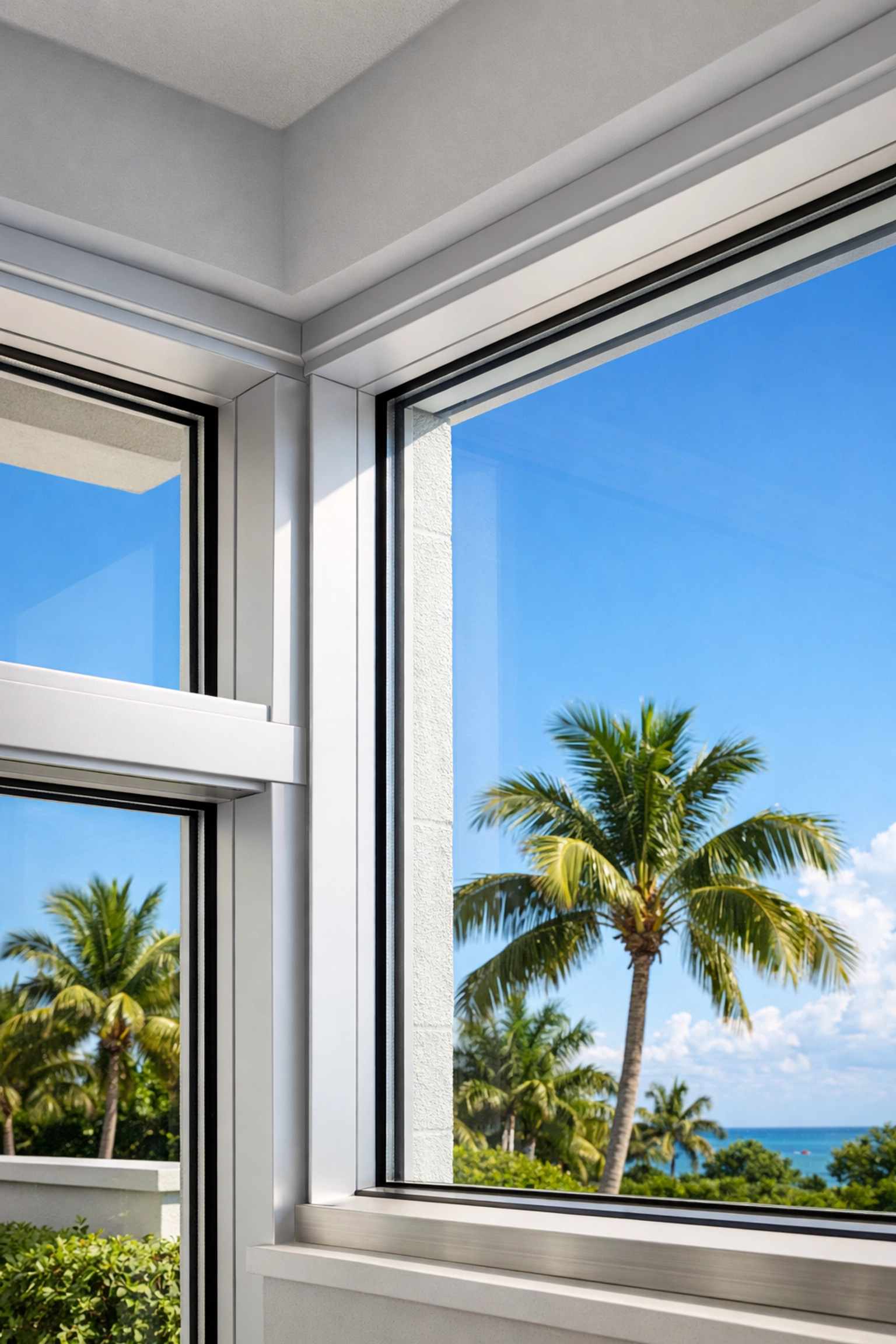 Interior view of heavy-duty impact windows in a Florida home overlooking palm trees.