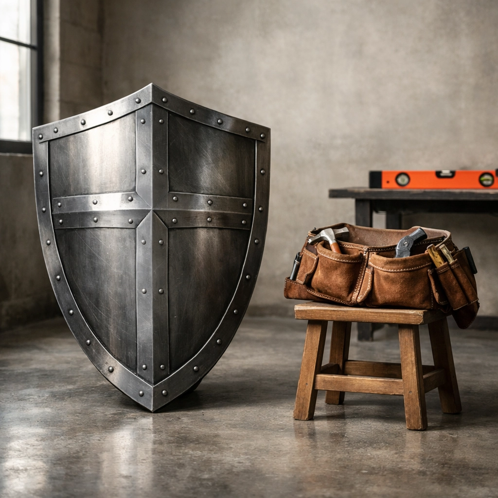 Industrial workspace with a metallic shield and tool belt, representing the safety net of CVLI as asset armor.