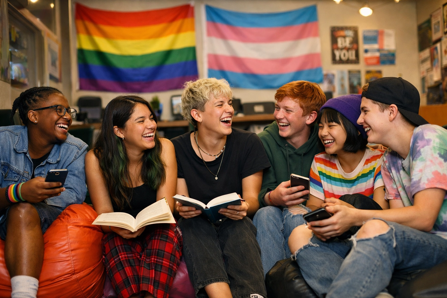 LGBTQ+ teens reading MM romance books together at NYC youth center
