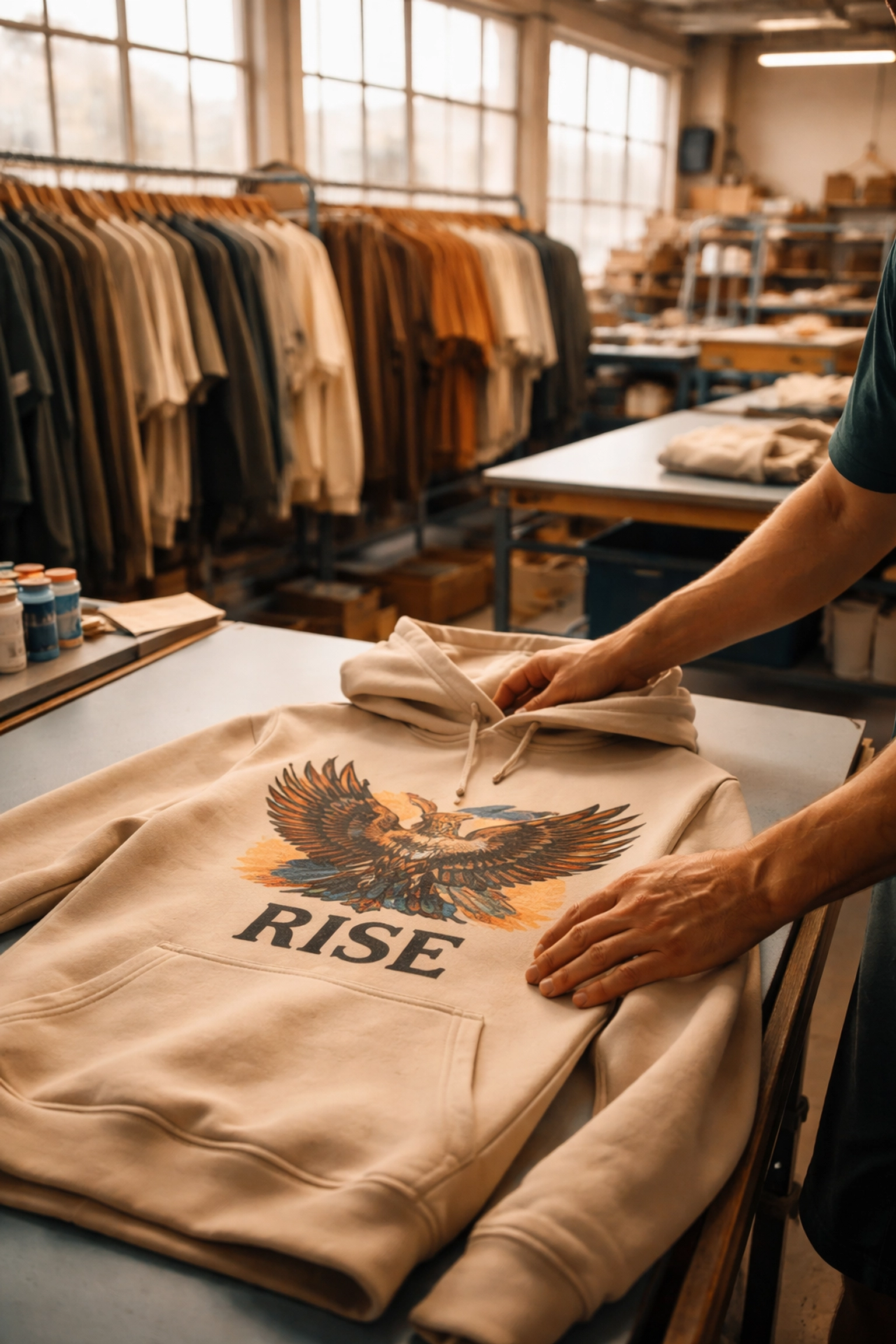 Worker inspecting a freshly printed hoodie in an ethical screen printing shop, showing quality and second chances.