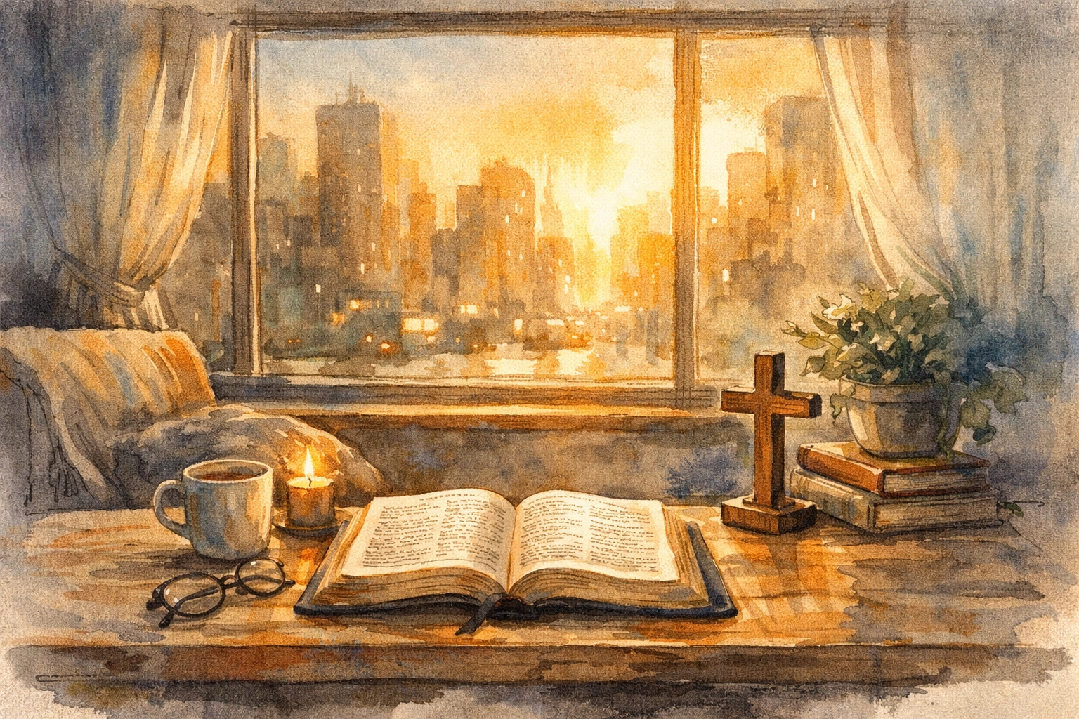 An open Bible on a table in a sunlit room, symbolizing peace and truth in a noisy world.