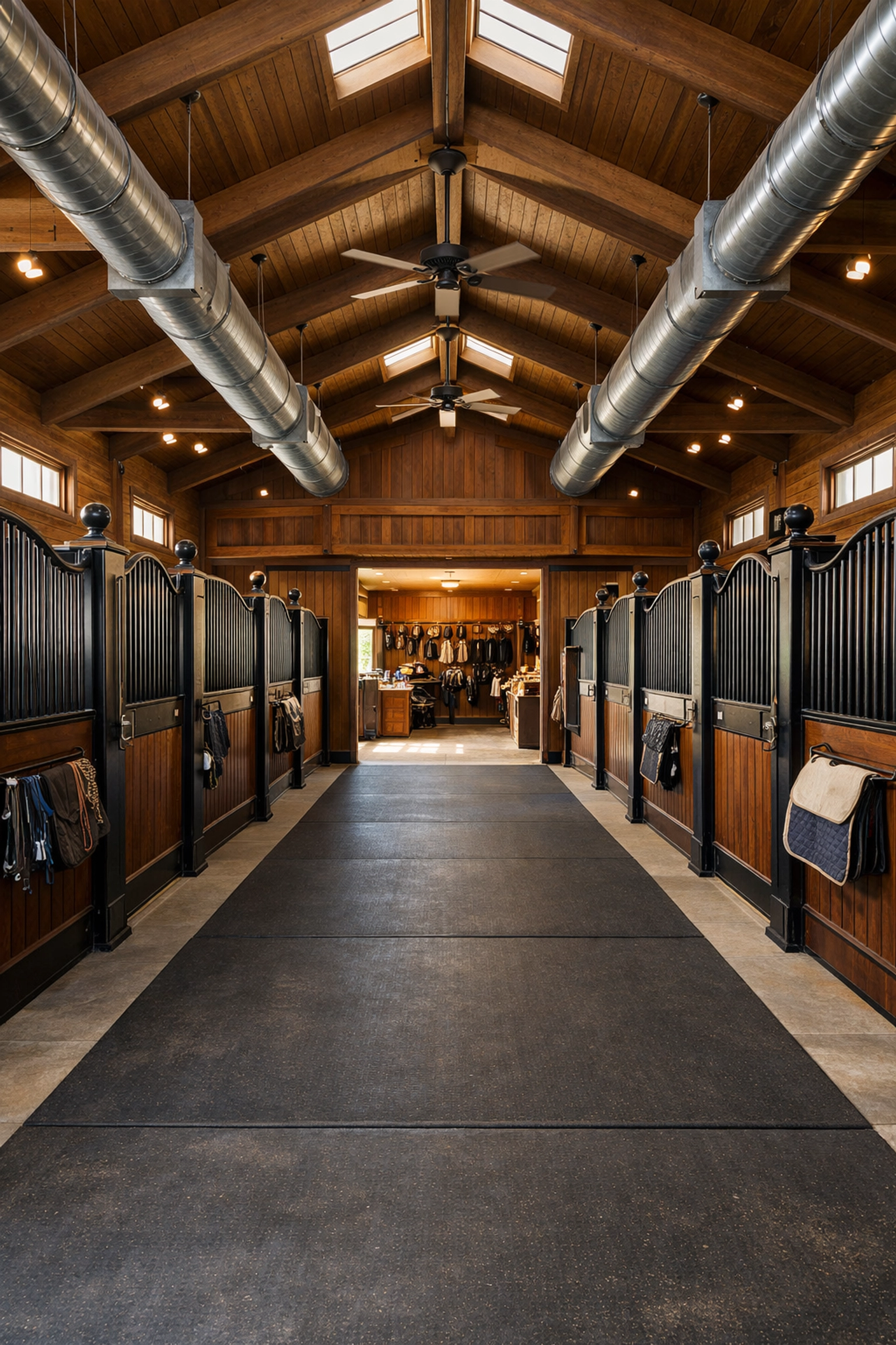 Professional horse barn interior with center aisle and spacious stalls in Waxhaw