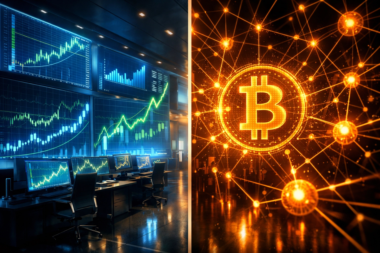 Traditional hedge fund charts versus Bitcoin network visualization for institutional investors