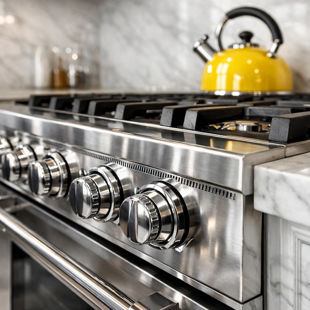 Spotless stainless steel range and marble surfaces after a professional deep cleaning service in Lincoln.