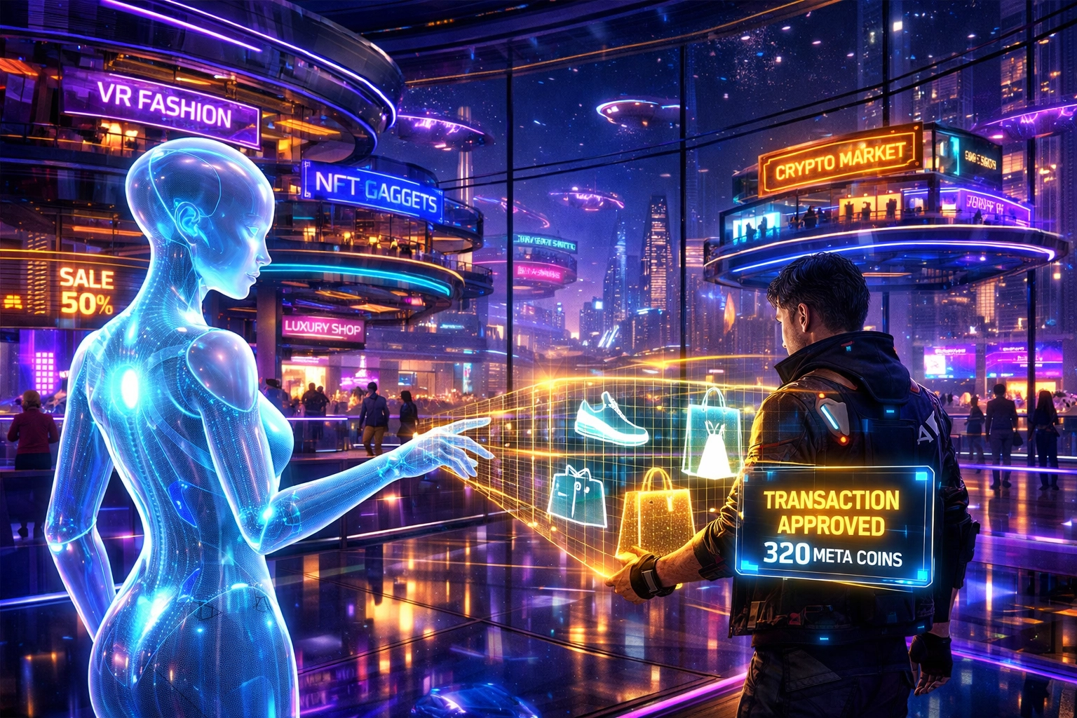 Holographic AI assistant verifying virtual commerce transactions in a secure metaverse storefront.