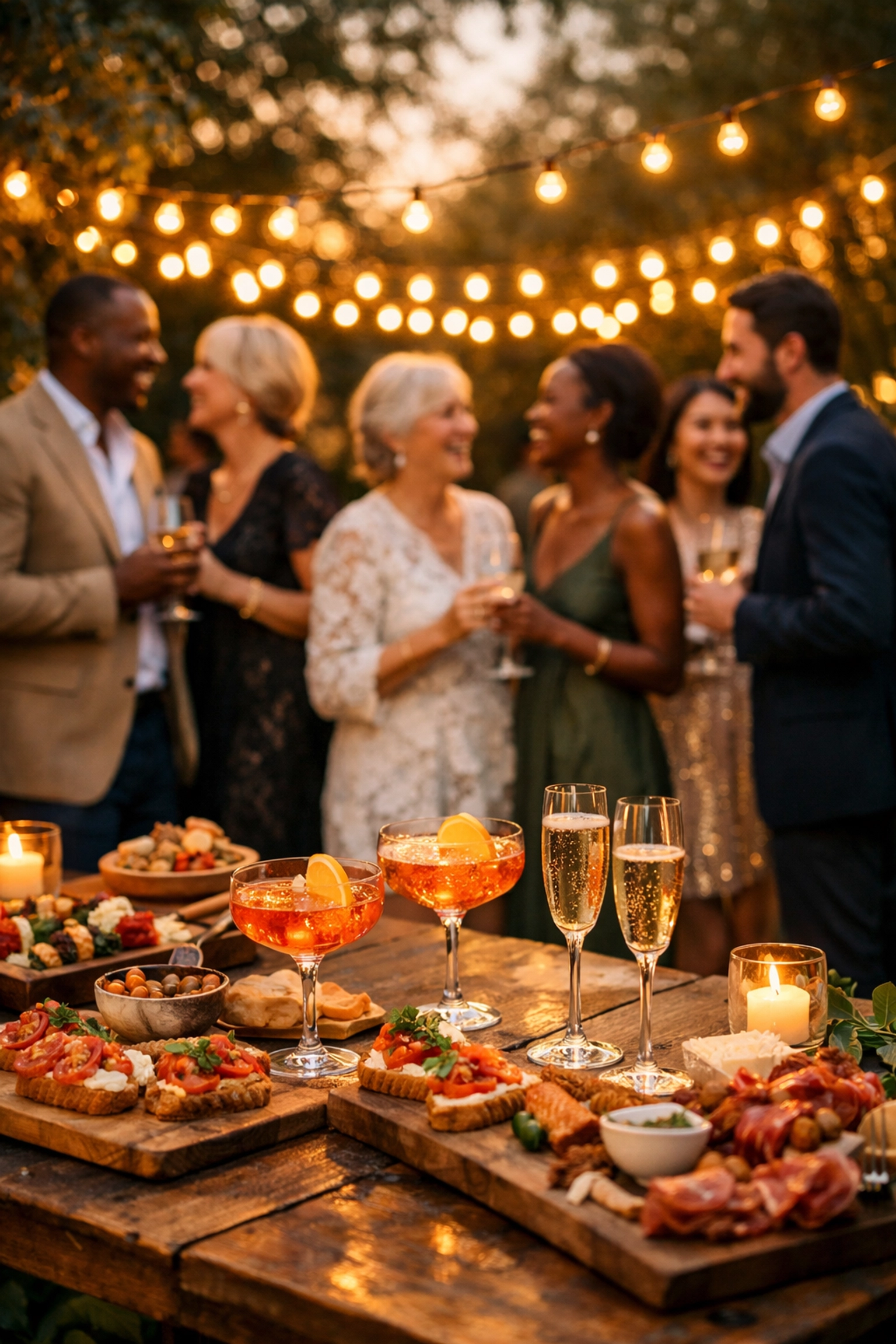 Friends celebrating at a backyard wedding fundraiser event with elegant outdoor lighting.