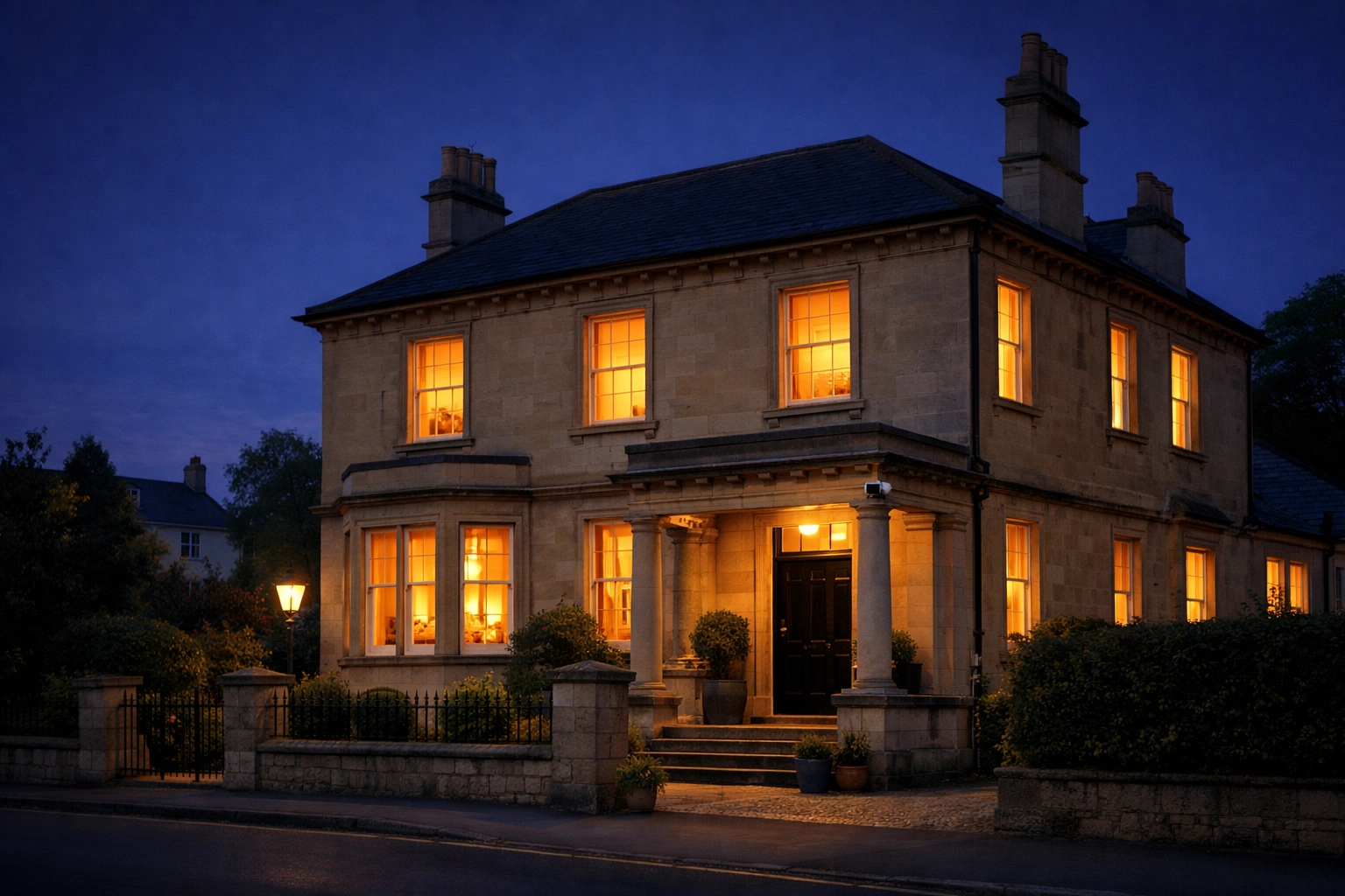 A safe and secure home in Bath at twilight with professional security camera protection.