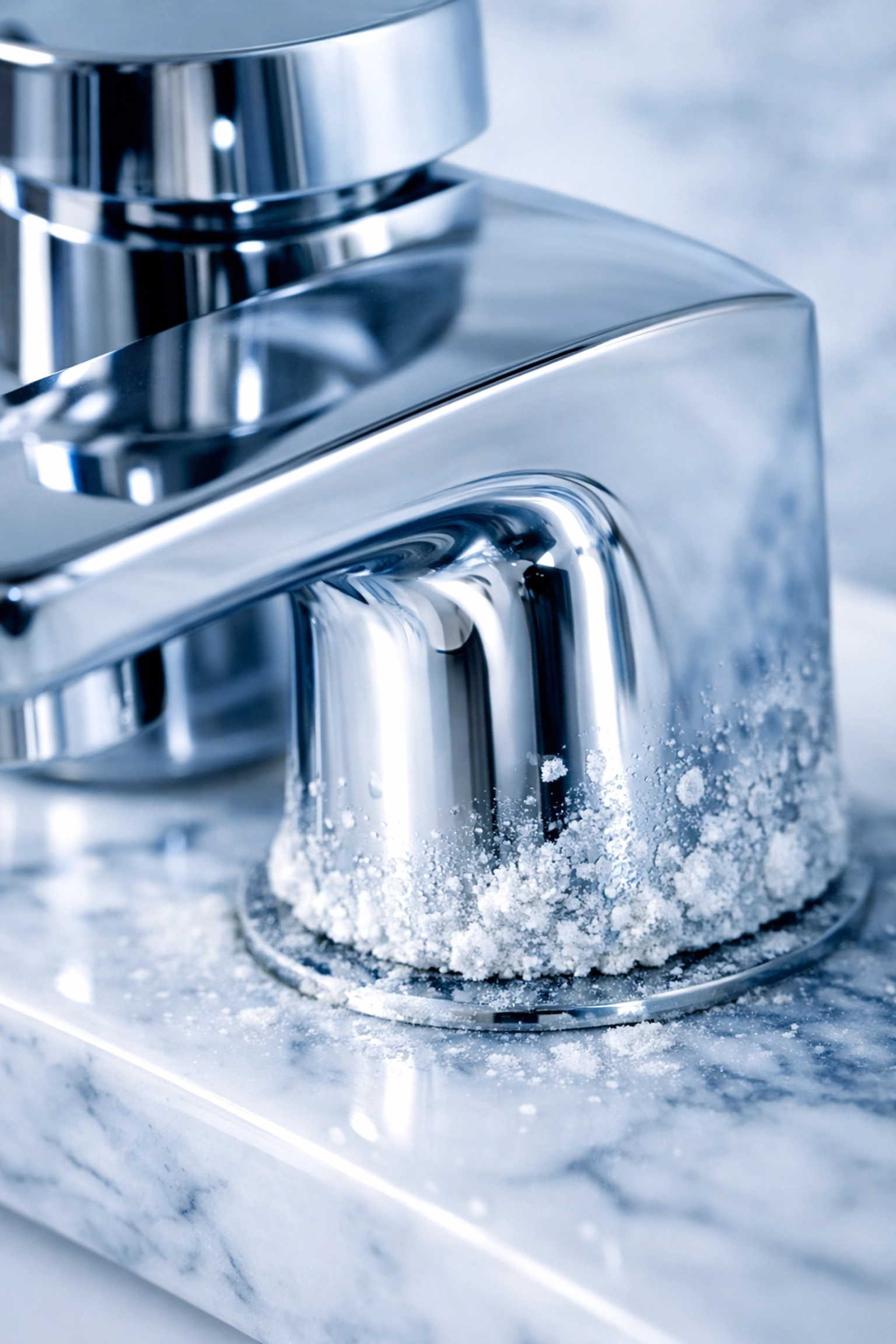 Hard water stains and white mineral buildup on a chrome bathroom faucet in a Lunenburg home.