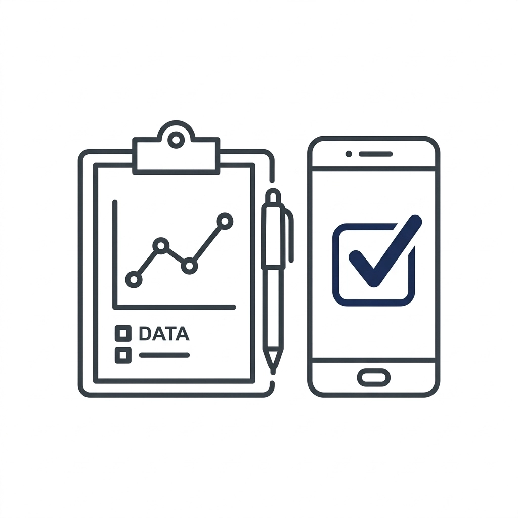 A minimalist vector icon of a clipboard and a smartphone, representing the shift from analog to digital.