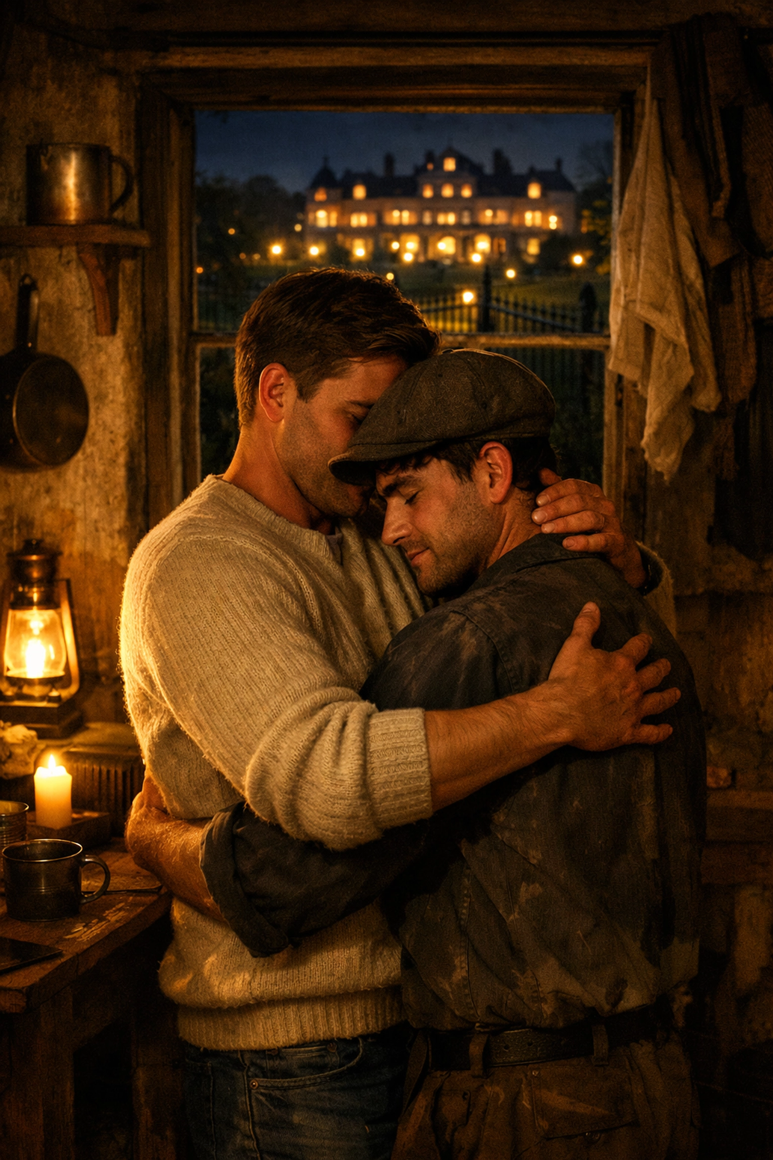 MM romance couple embracing in cottage with gated estate beyond - love conquering class barriers