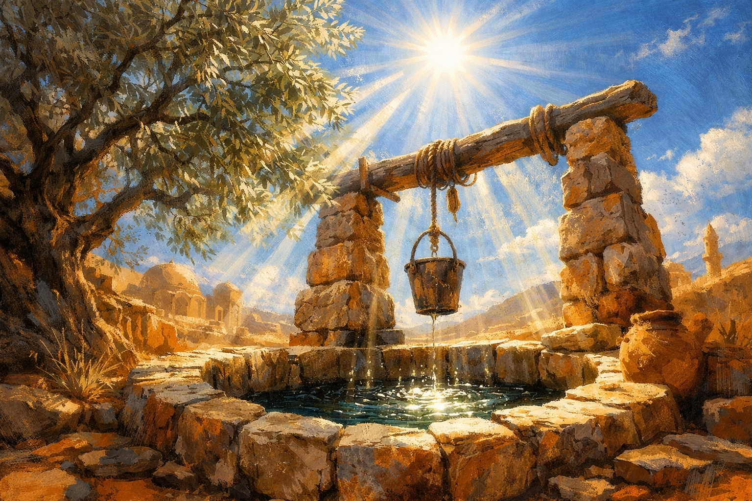 Ancient stone well in a bright landscape, illustrating a biblical midday spiritual encounter and living water.