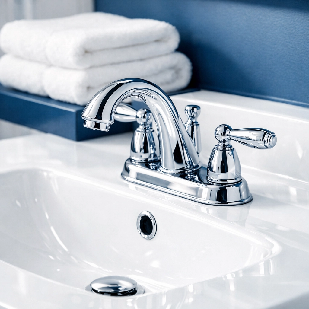 Close-up of a deep-cleaned luxury bathroom vanity and faucet in a Bolton, MA home by The Cleaning Ninjas.