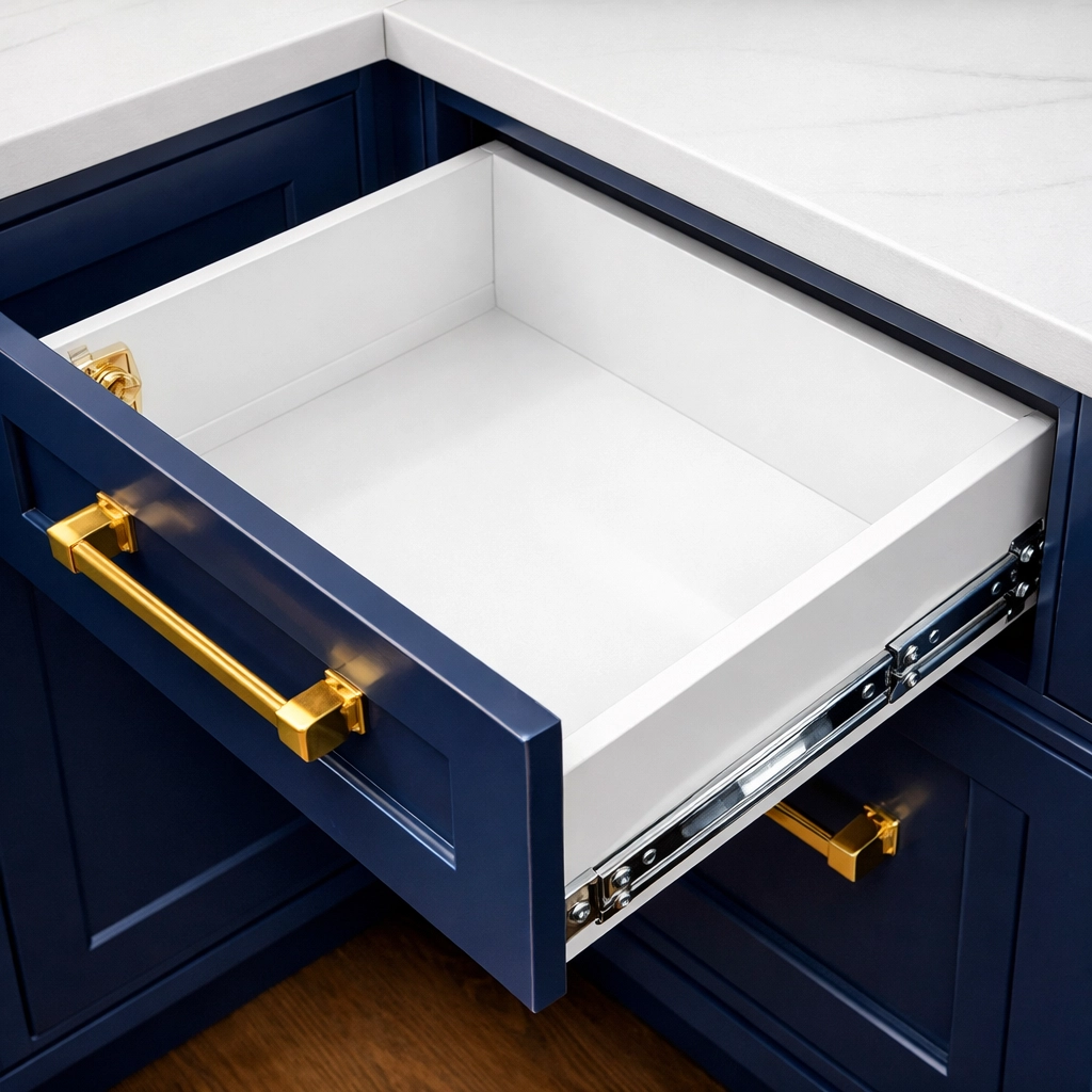 Precision post-construction cleaning MA of kitchen drawer tracks and hinges in a luxury navy blue kitchen.