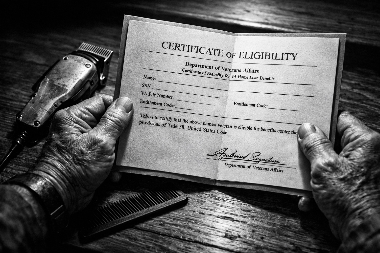 Veteran holding GI Bill Certificate of Eligibility with barber clippers and comb for training