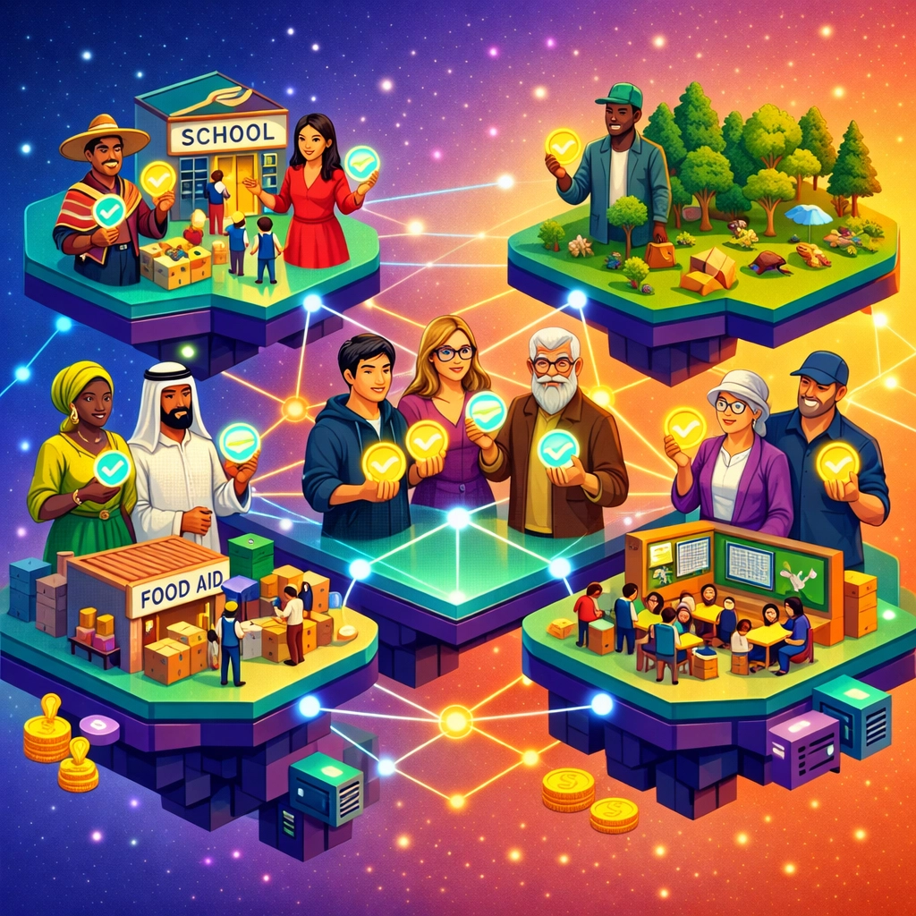 Global community participating in DAO governance voting for charitable initiatives and hunger programs