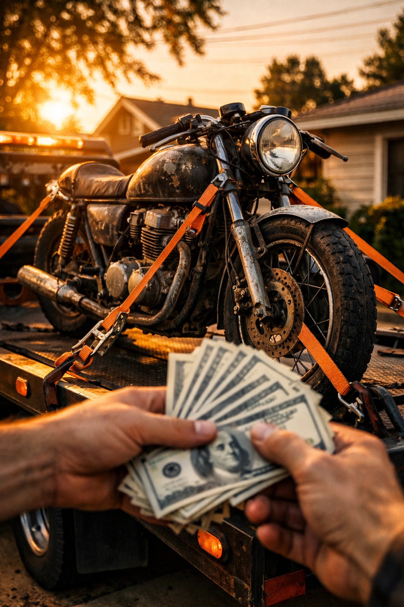 Getting instant cash for a junk motorcycle being loaded onto a pickup truck for salvage.
