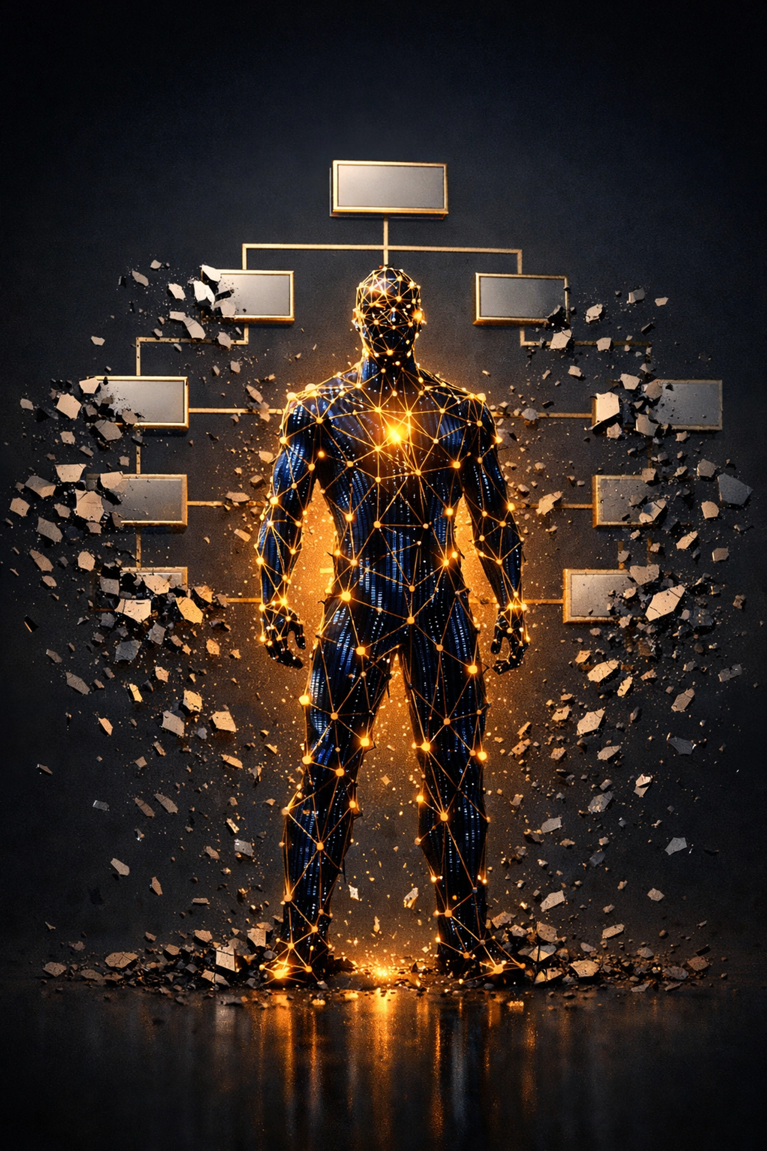 Leader standing resilient as organizational hierarchy dissolves during leadership development transformation