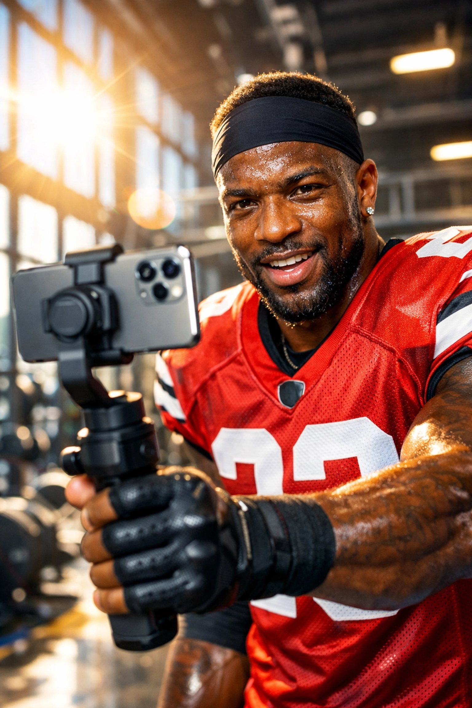 Professional NIL athlete recording authentic social media content for the Sports Media Inc. Super Bowl Blitz.