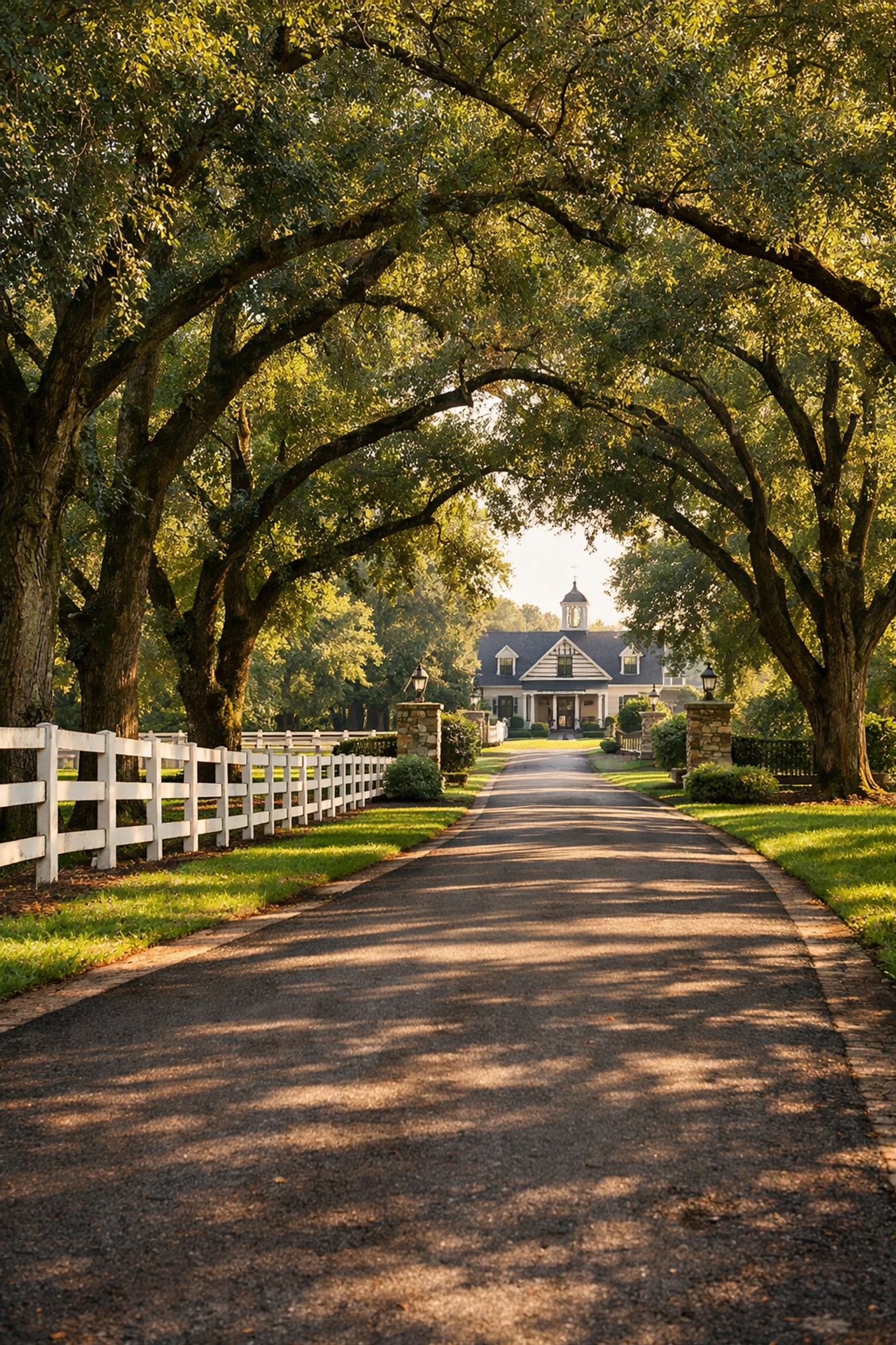 Private tree-lined drive leading to horse farm estate in Davidson North Carolina