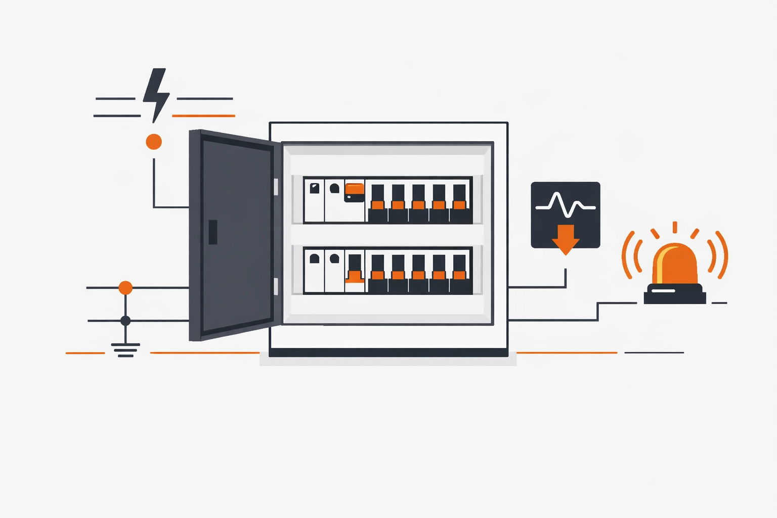 Clean Vector Illustration: Verteilerkasten / Sicherungskasten mit FI/RCD-Symbolik und Schaltplan-Linien im Elektro-Zentrum CI-Stil