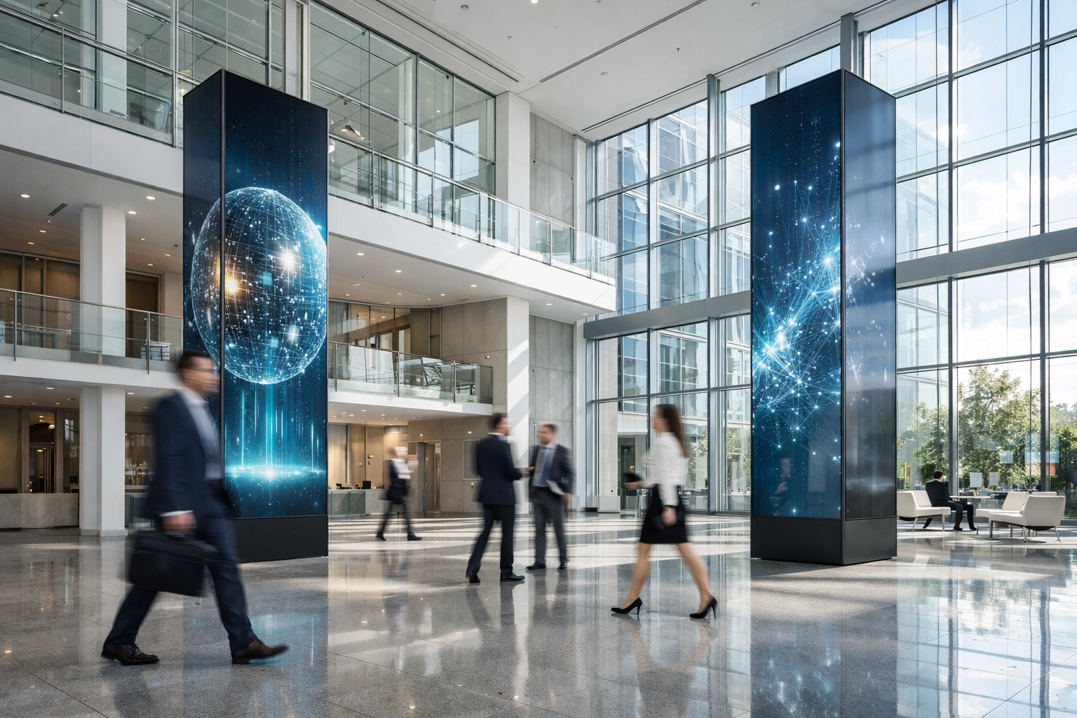 Modern innovation hub with integrated digital media columns for real-time sponsorship ROI and brand management.