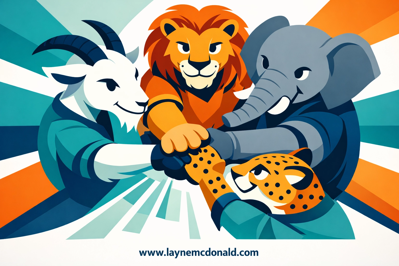 Animal team huddle showing teamwork and community values in GOAT 2026 film