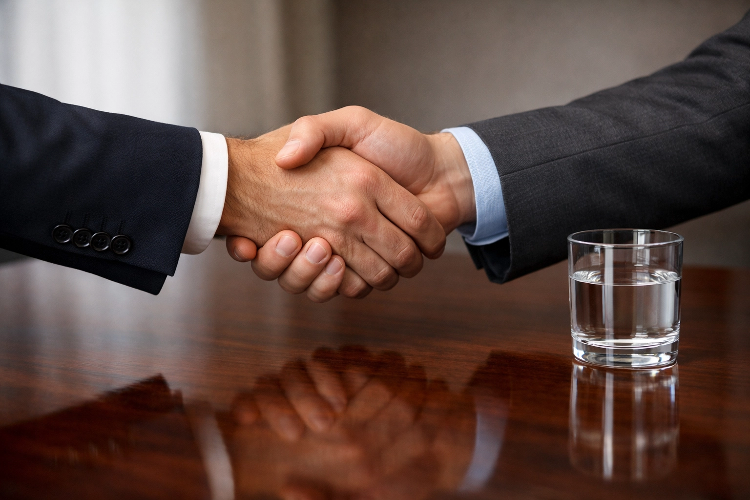 Business professionals shaking hands in Alabama to signify a successful and confidential business transaction.