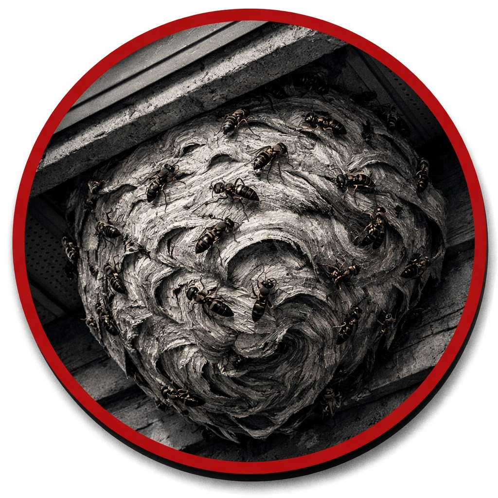 Large wasp nest attached under residential roof eave requiring professional removal in Coolidge
