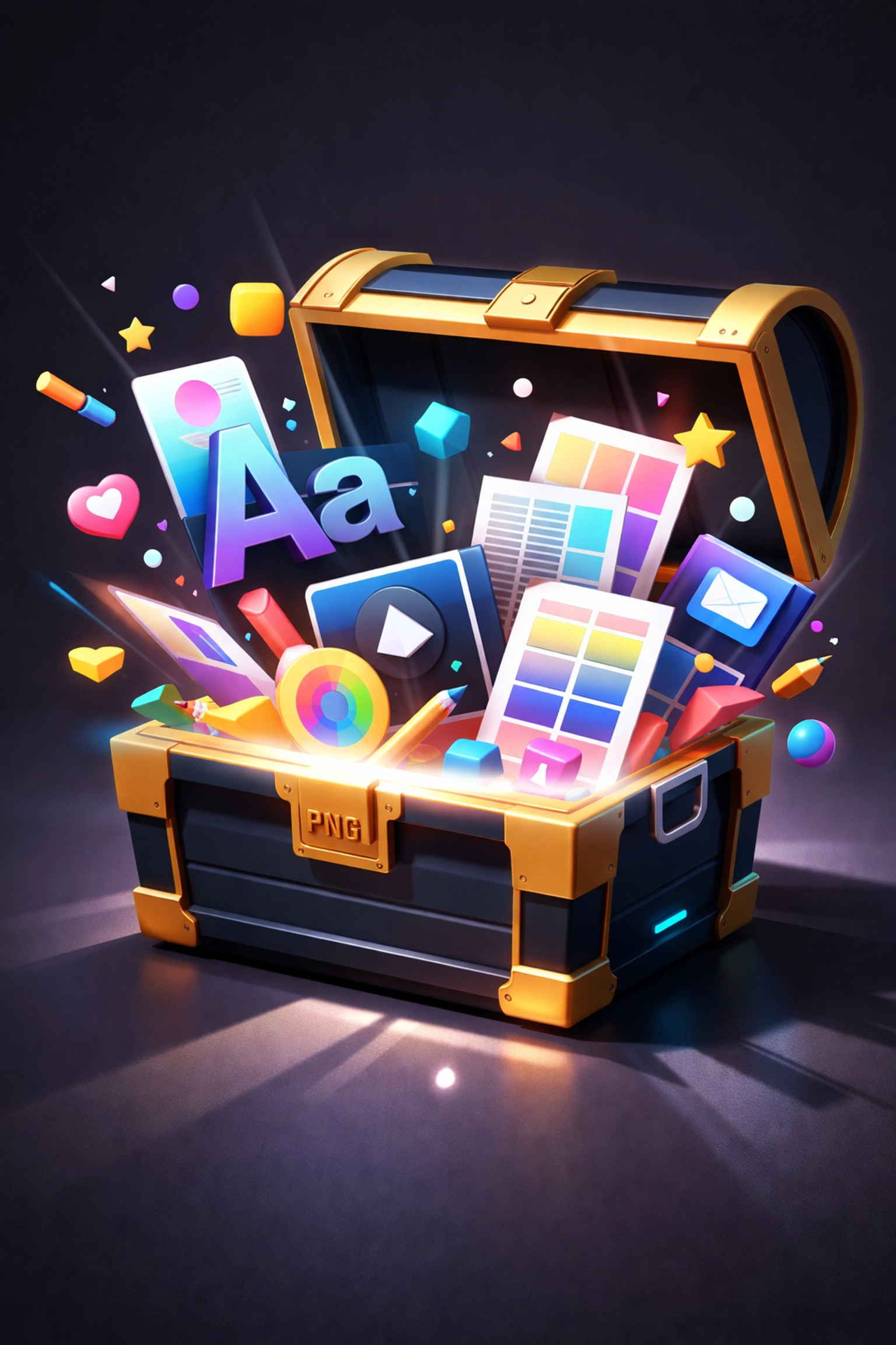 An open treasure chest overflowing with digital graphic design assets, representing value in graphic design bundles.