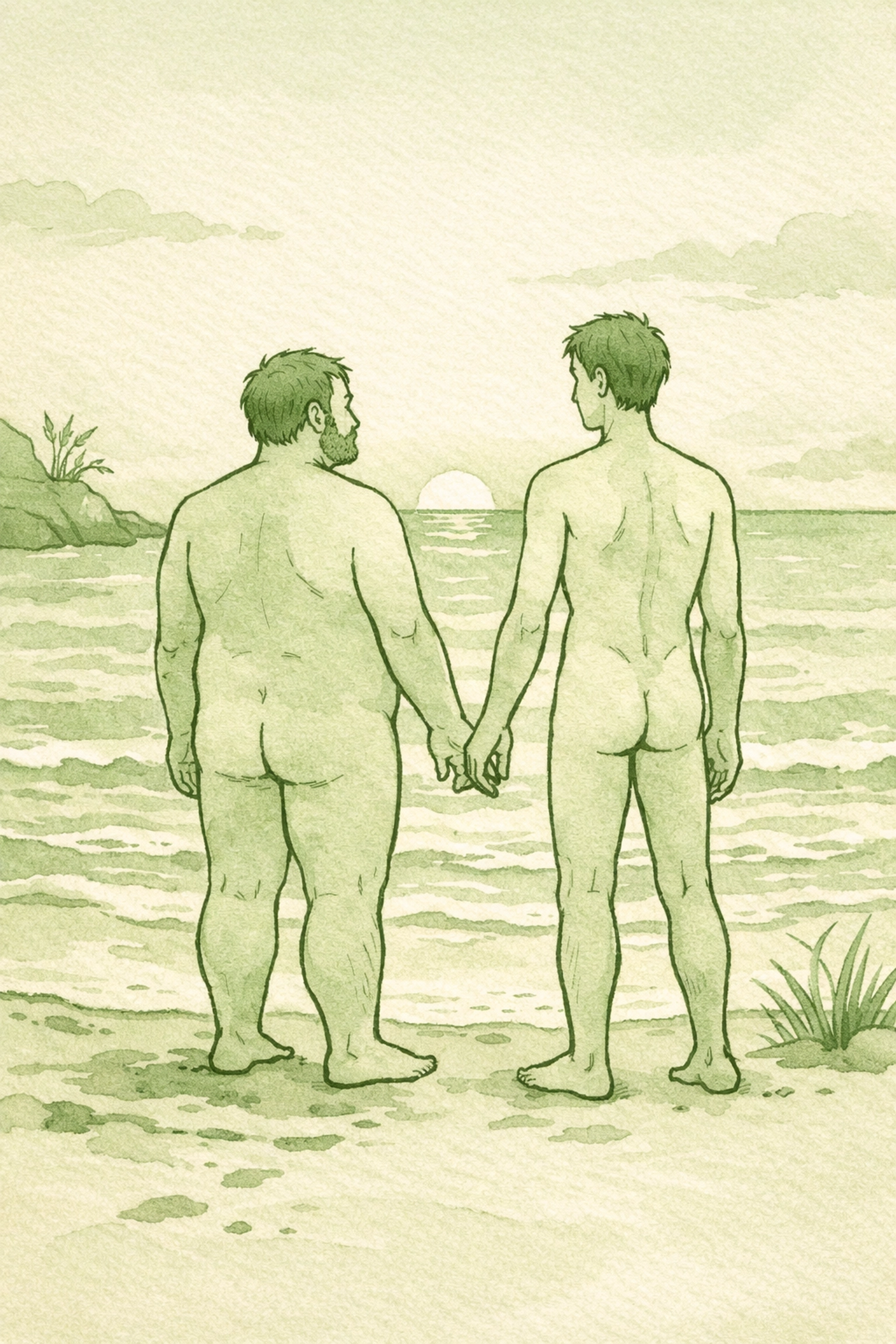 Two men of diverse body types at naturist beach embracing body positivity and acceptance